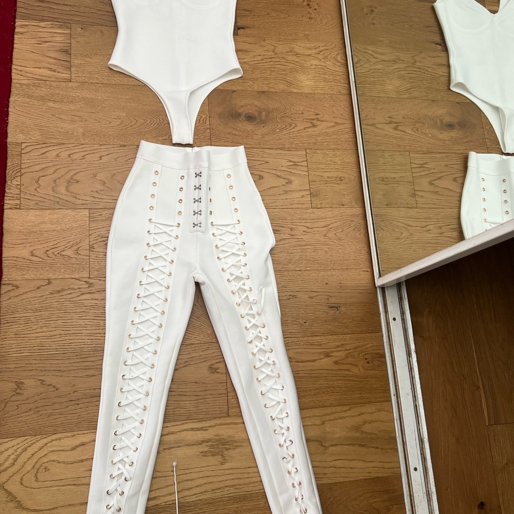 White Lace-Up High-Waisted Pants
